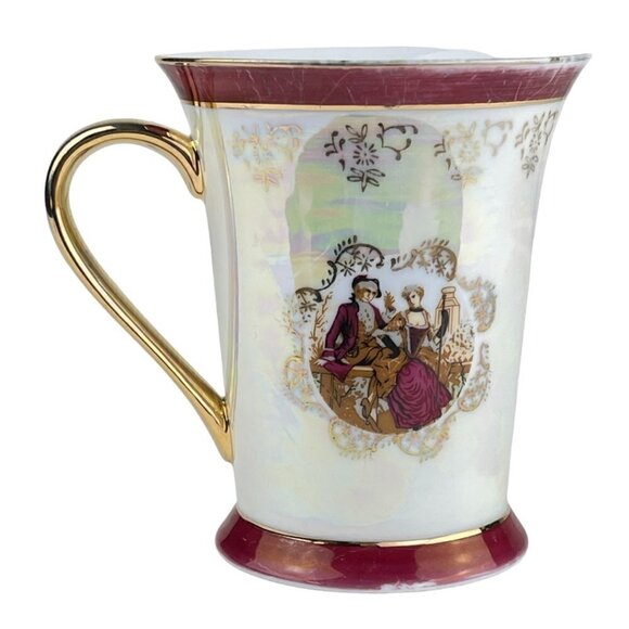 GNA Fine Porcelain Coffee Tea Cup Couple Gold Burgundy White - Picture 1 of 10